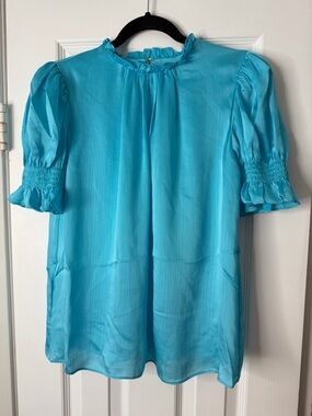 Trina Turk Turquoise Puff-Sleeve Ruffle-Neck Blouse
